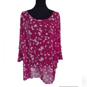 Pink Sheer 3/4 Sleeves Blouse with White Flowers